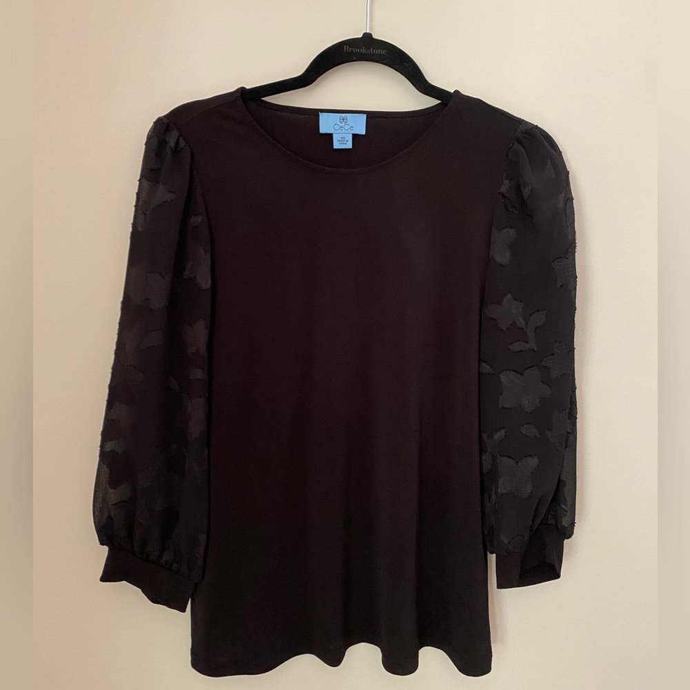 CeCe long sleeve shirt, sheer sleeves, black